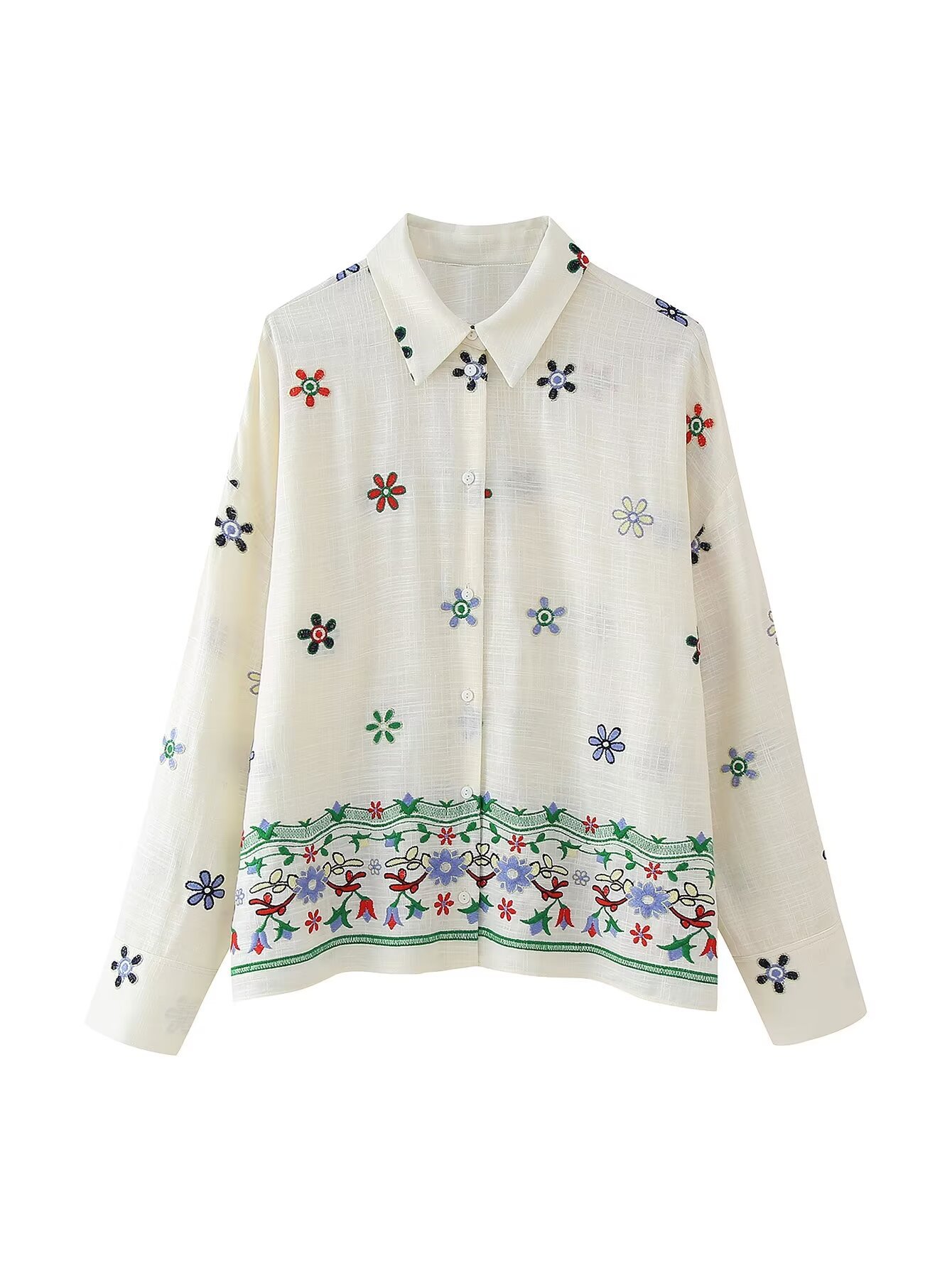 Cross-border Women's 2024 Summer New European and American Fashion Loose Casual Lapel Embroidered Shirt Top Shirt Women