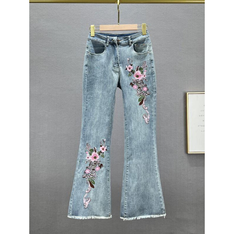 Jeans Women's Trousers 2024 New Spring and Summer Elastic High-Waist Slim Fit Ethnic Style Embroidered Bell-Bottom Pants