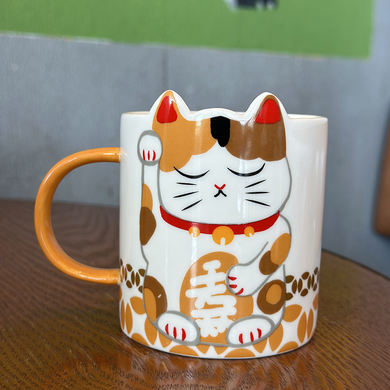 Le Meow ラッキーキャットマグセラミック 2025 新しいシンプルな漫画かわいい女の子カップルウォーターカップ|undefined