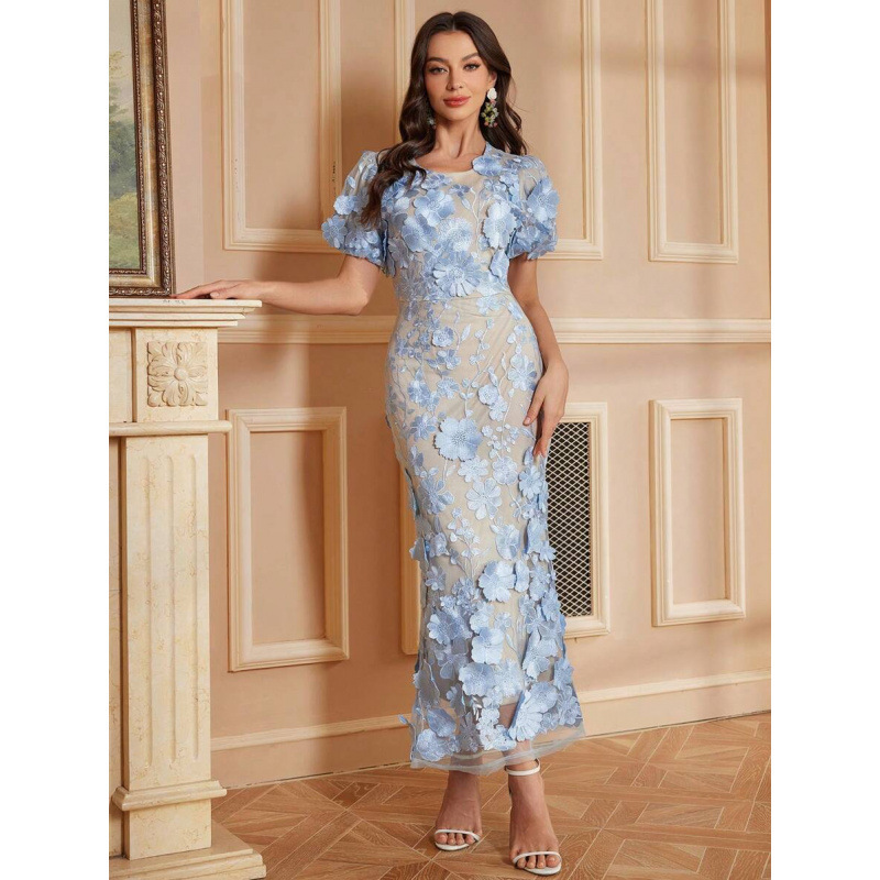 2025 Foreign Trade Dropshipping Women Party Wear Women's Floral Embroidery Long Dress Wedding Guest Dress