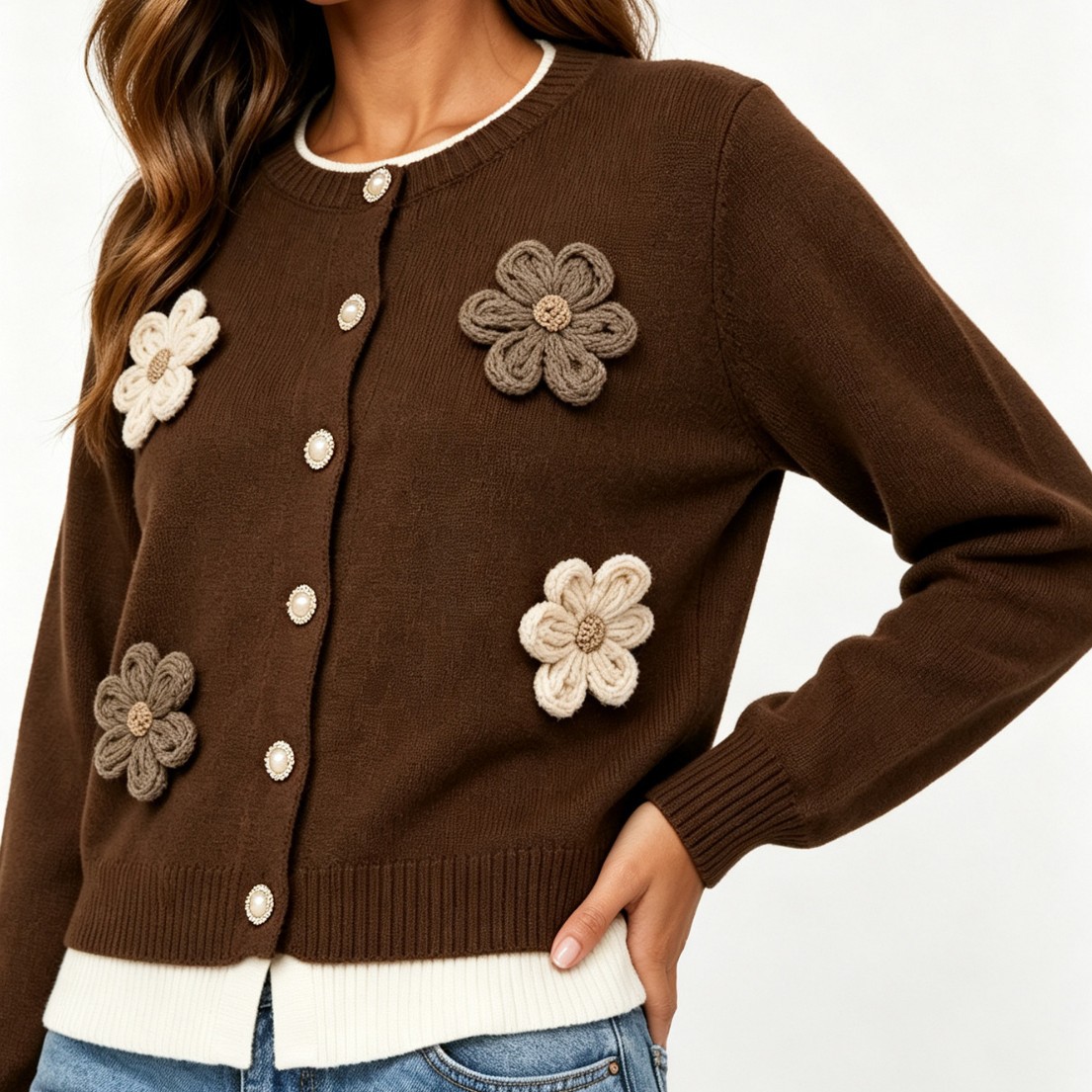 Autumn and winter heavy industry three-dimensional flower knitted cardigan women's fake two-piece spliced ​​pearl button round neck sweater jacket