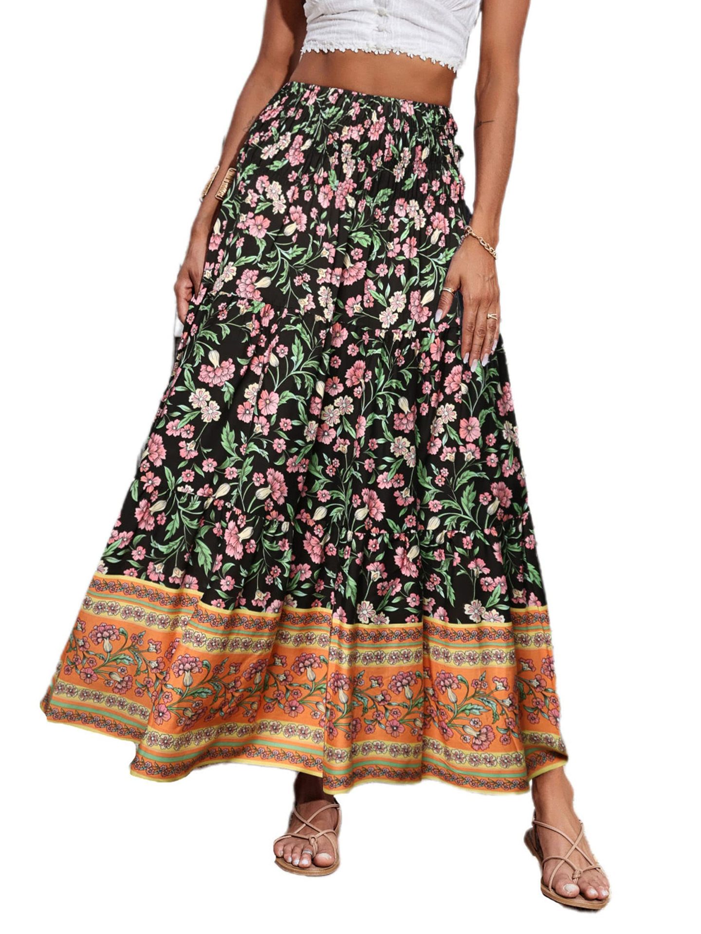New European And American Printed Flared Bohemian Casual High-waisted Long Skirt, Beach Skirt For Women_ecoleips.com