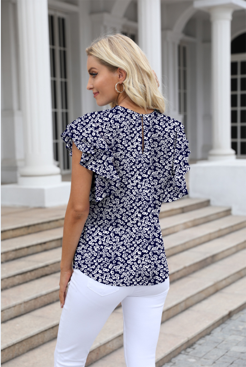 Women's Clothing Round Neck Printed Ruffled Short Sleeve Chiffon Shirt Fragmented Pullover T-shirt_voghion.com