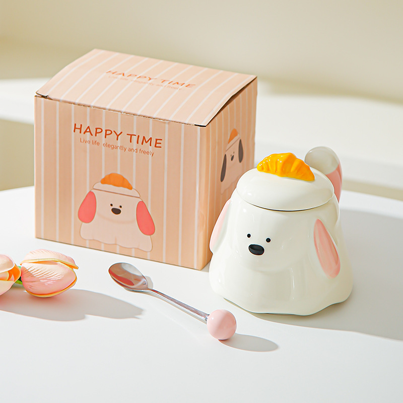 Cartoon dibujado a mano bolsas de corn de perro tazas de oficina encantadoras con tazas de agua cubiertas tazas de desayuno casero regalo de mano