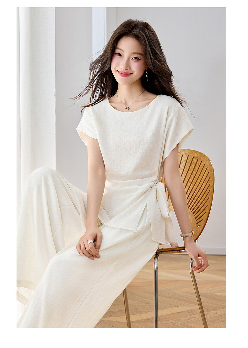 Bộ áo thun cổ tròn nơ buộc kết hợp quần ống rộng nữ 2 món — xanh lam, màu kaki, màu trắng ngà chi tiết 13