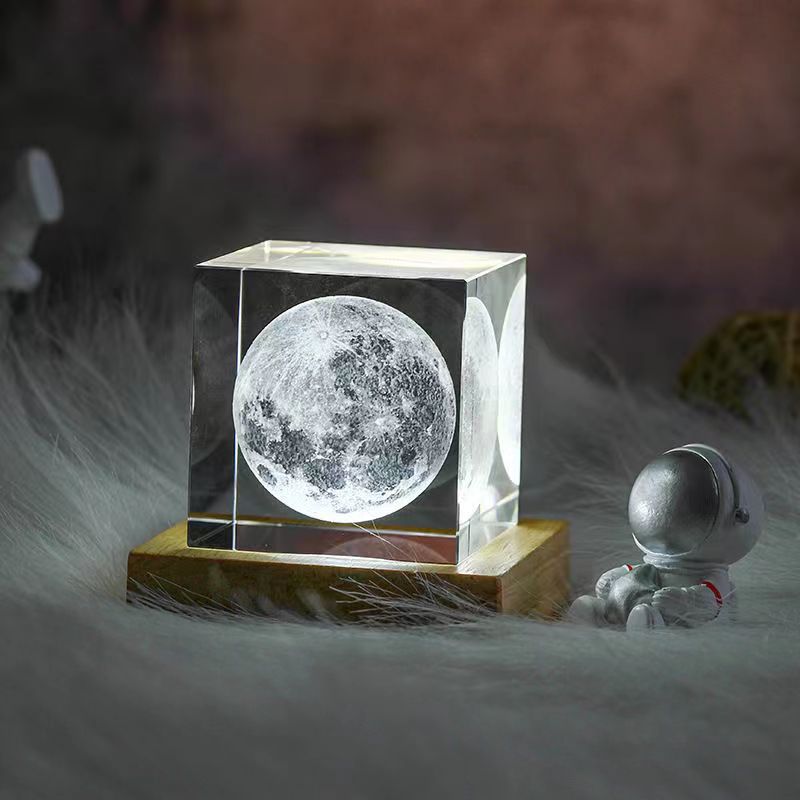 水晶球立方体摆件生日礼物银河星空方体小夜灯木质发光底座情人节