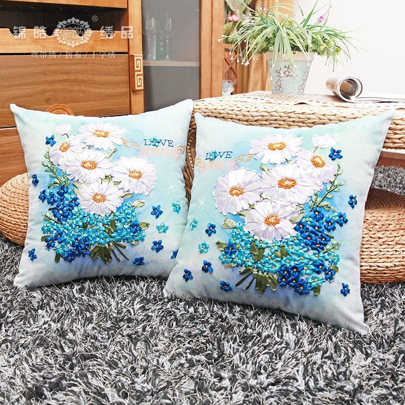 Fábrica al por mayor de color de impresión bordado de la cinta hecha a mano DIY paquete de material cojín funda de almohada flor frente mariposa volando doble platillo Flying dance