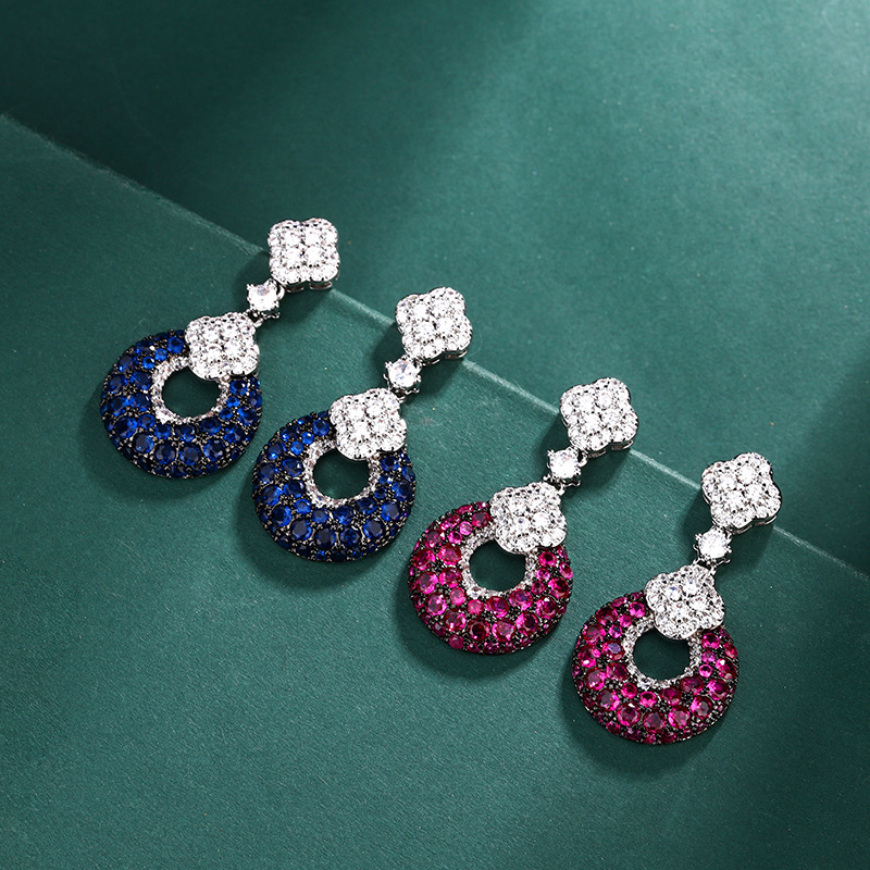 Jewelry Accessories Earrings, European and American Style Diamond-Studded Simulated Red Corundum Fashion Royal Blue Earrings for Women, Wholesale in Stock
