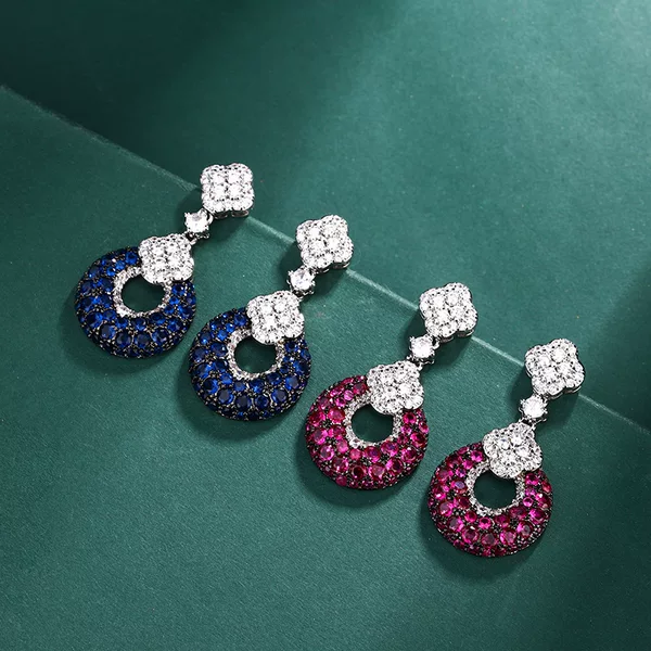 Jewelry Accessories Earrings, European and American Style Diamond-Studded Simulated Red Corundum Fashion Royal Blue Earrings for Women, Wholesale in Stock