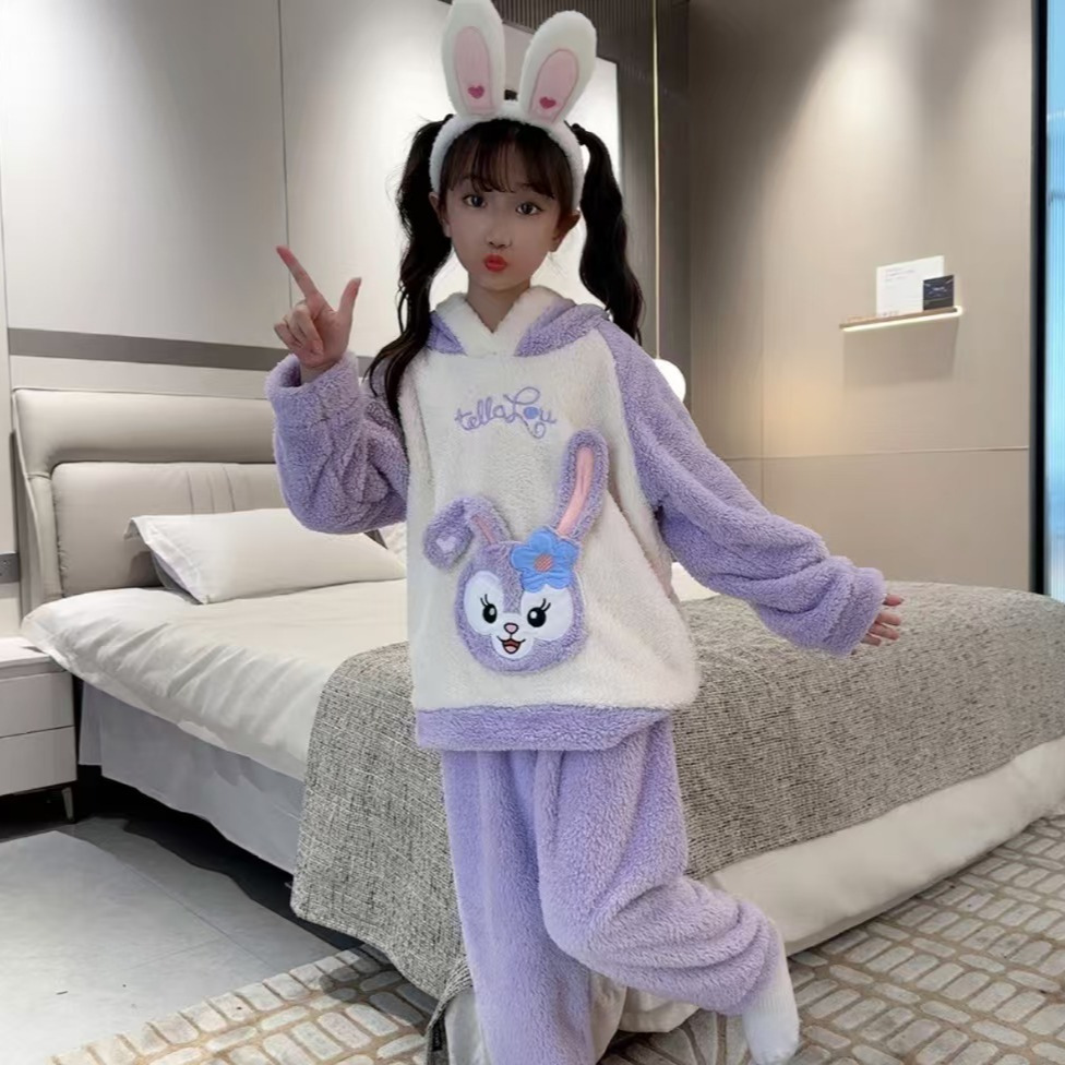 가을과 겨울 기모 두꺼운 세트 소녀 잠옷 귀여운 산호 양털 따뜻한 어린이 플란넬  홈 옷