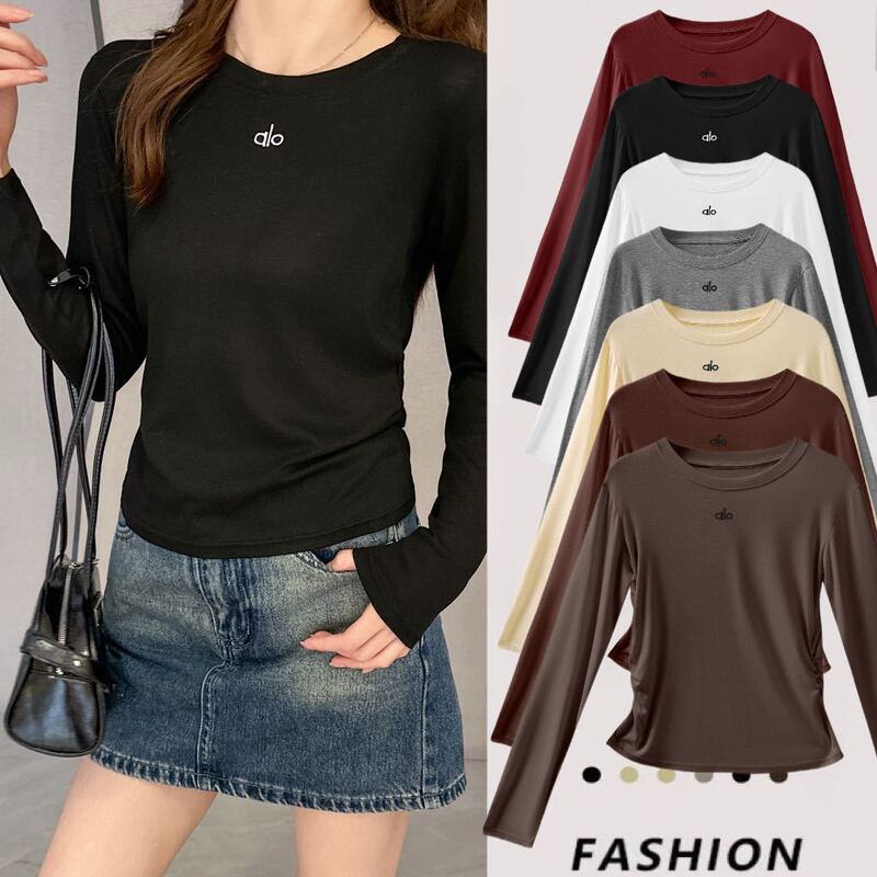 Alo Embroidered Pure Color Round Neck Pleated Bottoming Shirt 2025 Autumn and Winter Style Foreign Style Inner Long-Sleeved T-Shirt Slim and Versatile for Women