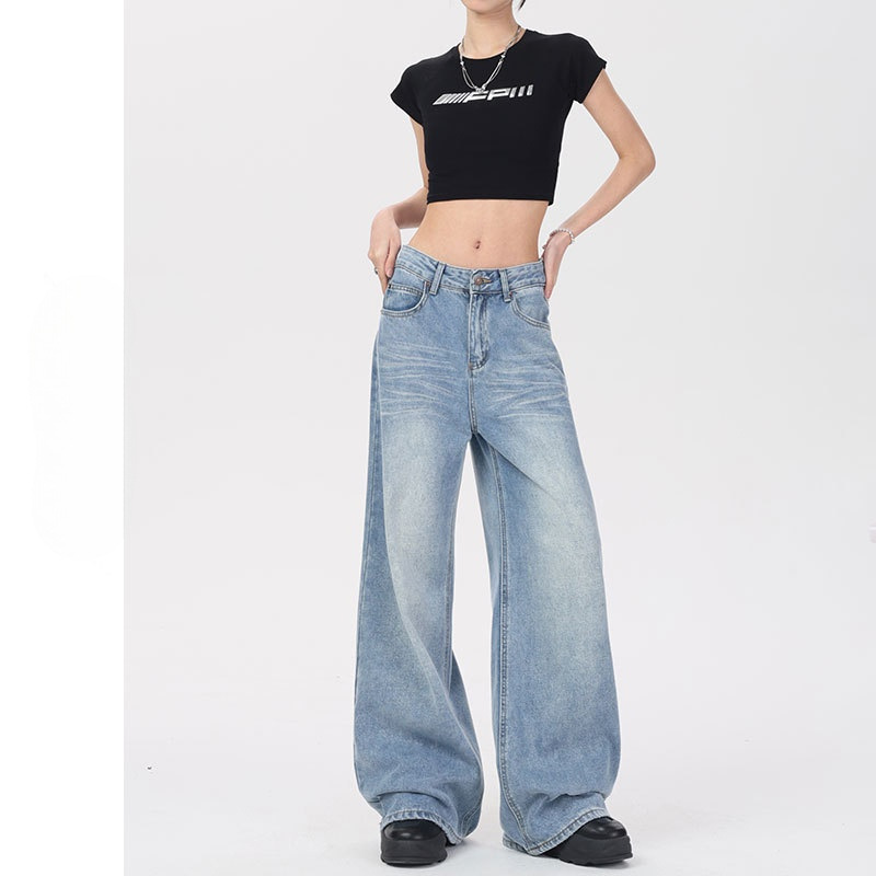 Light Blue Retro Wide-leg Jeans Women's Spring and Summer High Waist Slimming American Style Straight Pants with No Legs for Small Women