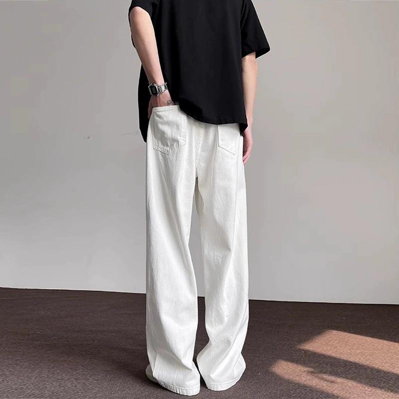 Американский ретро белые джинсы для мужчин и женщин 2024 летний прилив основы сплошной цвет прямые брюки свободные повседневные брюки