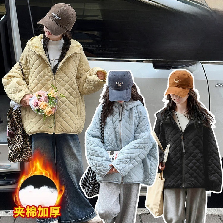 冬季中大女童棉衣冬装新款童装儿童棉服女孩绗线菱格厚夹棉外套潮