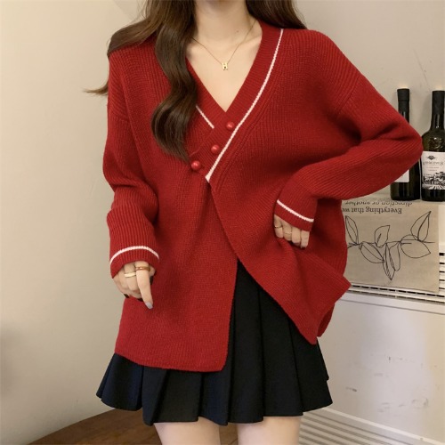 红色v领高级感毛衣女2022秋冬新款设计感针织开衫外套宽松上衣服
