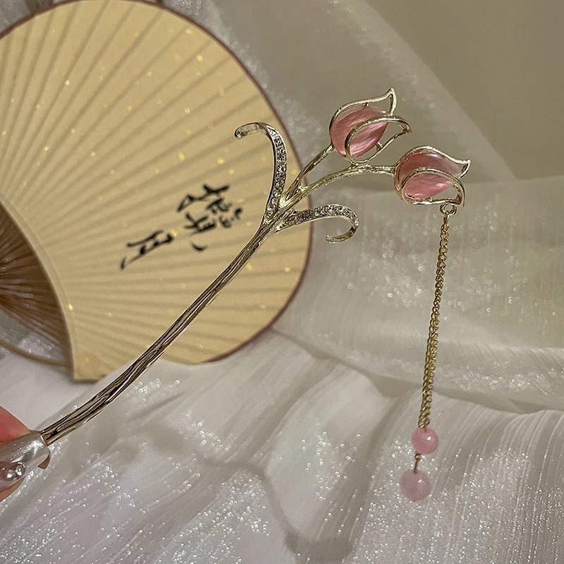 Horquilla de flores con flecos de estilo antiguo, sentido de alto nivel femenino, horquilla de cabello Hanfu de todo fósforo, horquilla de cabello en la parte posterior de la cabeza, tocado