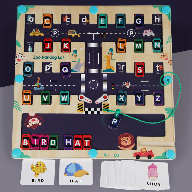 CPC CE cuentas de laberinto magnético de madera coche letras inglesas a juego coche móvil juguetes educativos para niños