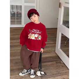 儿童卡通圣诞老人时尚卫衣春秋冬季新款男女童保暖圆领上衣套头潮