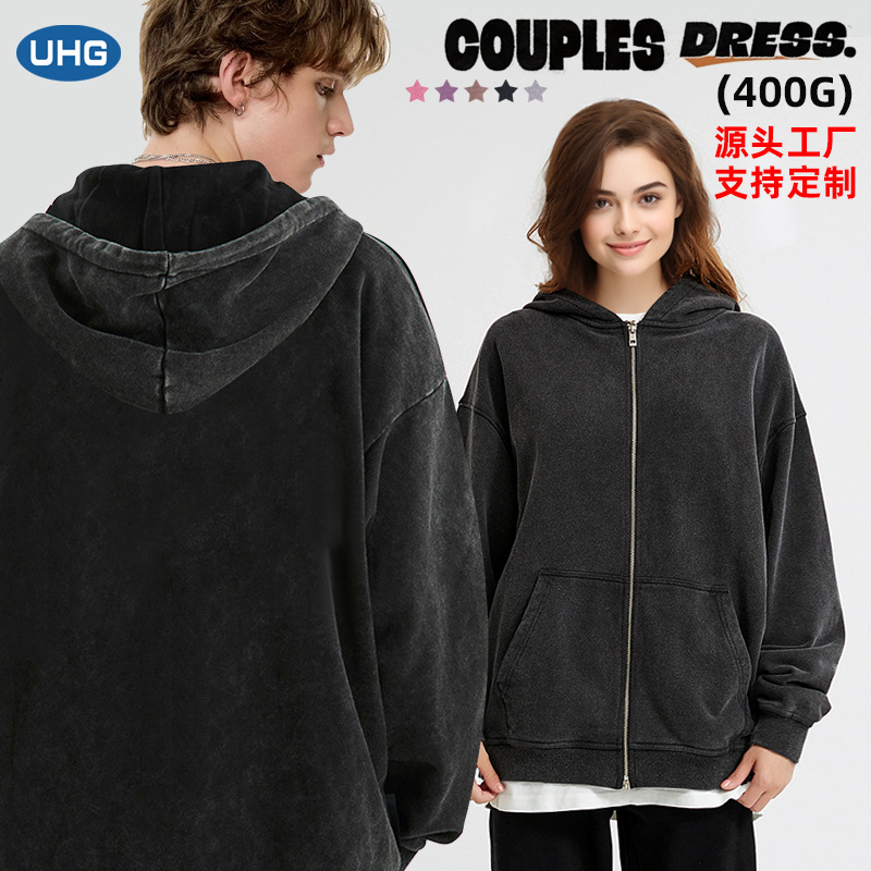 American Heavyweight 400g Ribbed Zipper Men's Sweatshirt Wholesale Loose Washed Distressed Hoodies Couple's Capes