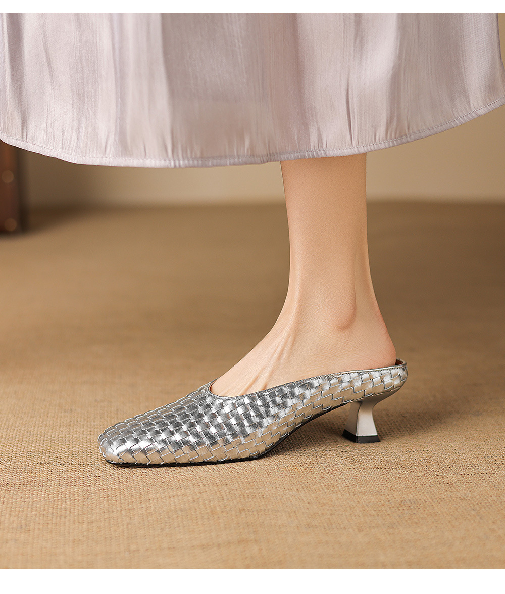 Sandal nữ mũi nhọn dệt vàng, gót 5 cm, phong cách thời trang — màu vàng chi tiết 16