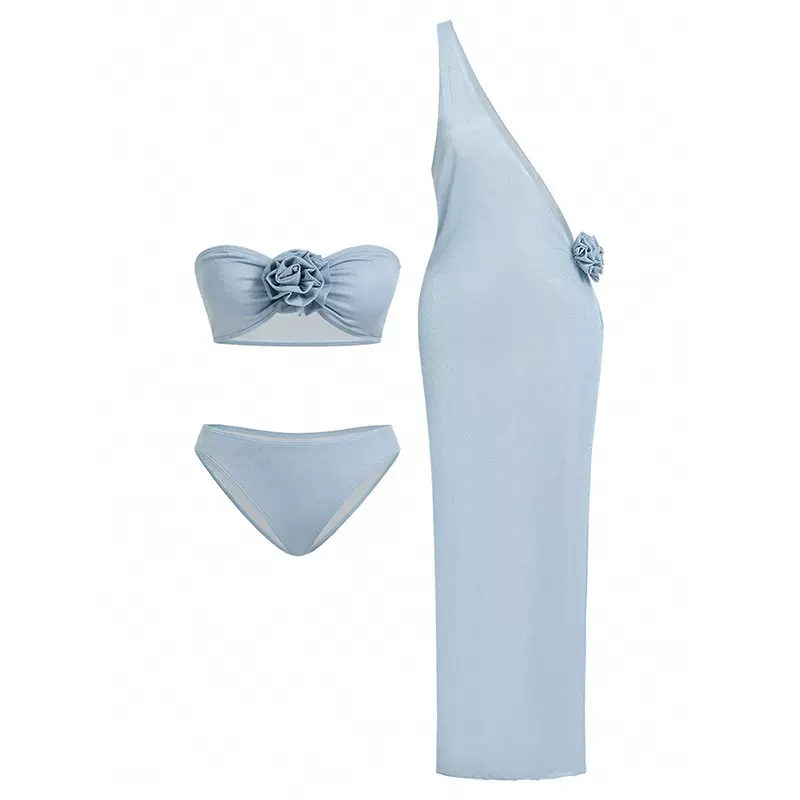 欧美新款套装分体泳衣女纯色抹胸性感比基尼泳装三件套分体泳衣