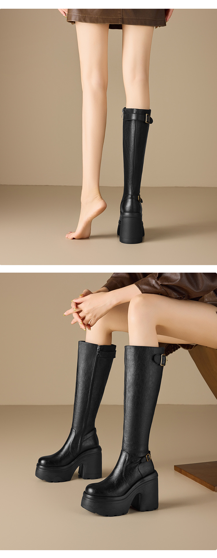 Boot nữ cổ thấp gót dày 12 cm phong cách Anh, đi xe máy — nhung nâu chi tiết 5