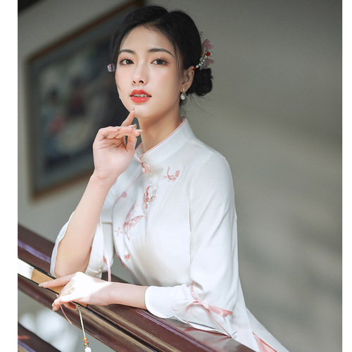 Elegant Chinese dress ancient traditional qipao tops hanfu cheongsam two-piece set women cotton and linen temperament Tang suit tea art clothes female