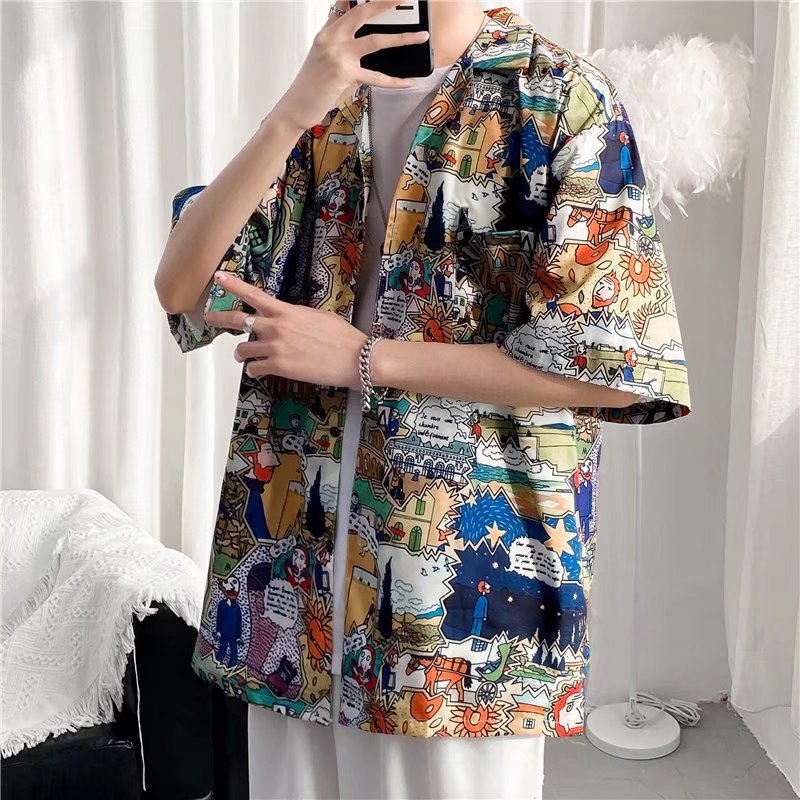 Hong Kong estilo Retro Vintage floral camisa de manga corta Estilo Hawaiano tailandés diseño sentido Ruan guapo camisa suelta para hombres y mujeres