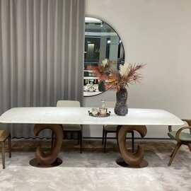 轻奢实木木脚长方形仿大理石面餐桌家用亮光岩板吃饭台子桌子