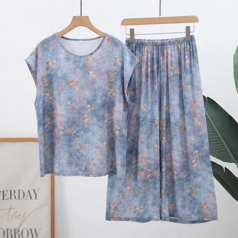 Summer Mom Pajamas Cotton Silk Short-sleeved Two-piece Satin plus size Outfit suit for Middle-aged and Elderly Home Clothes