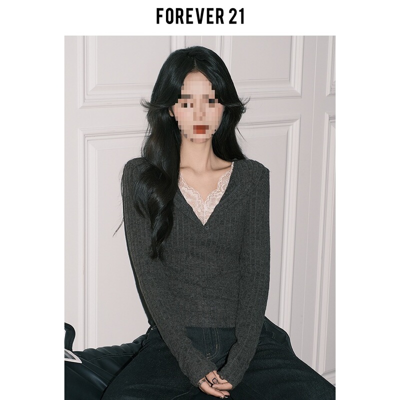 Forever21气质灰色蕾丝假两件V领针织小衫女纯欲修身长袖打底上衣|undefined