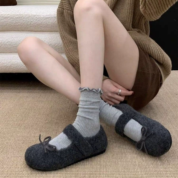 Женские туфли Mary Jane с бантиком, серая плюшевая модель Birkenstock, мелкая балетка-слипон с пушистым верхом