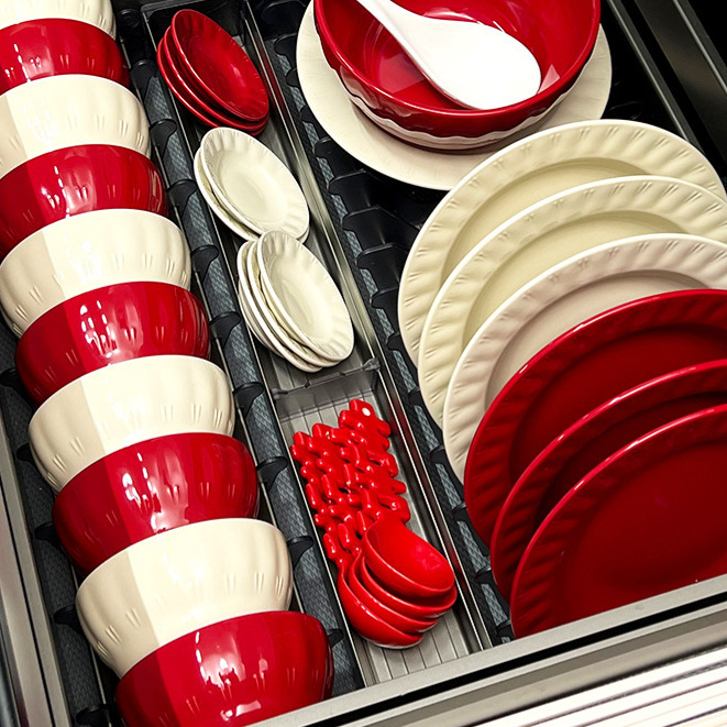 High-looking French-style red ceramic bowl dish wedding housewarming new home tableware suit Bowl plate dish household rice bowl wholesale