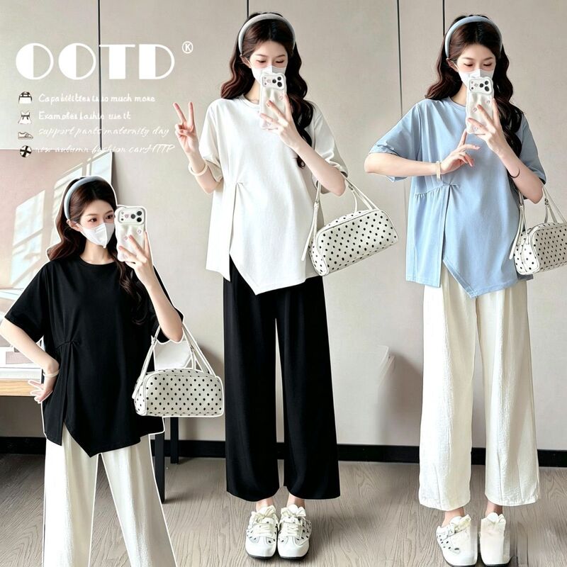 Maternity wear 2026 summer new Korean style fashionable and elegant design with slit, tummy-concealing, slimming short-sleeve round-neck T-shirt