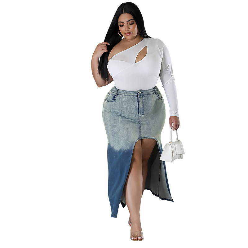 Plus size denim rok voor dames met split en gradient casual stijl_voghion.com