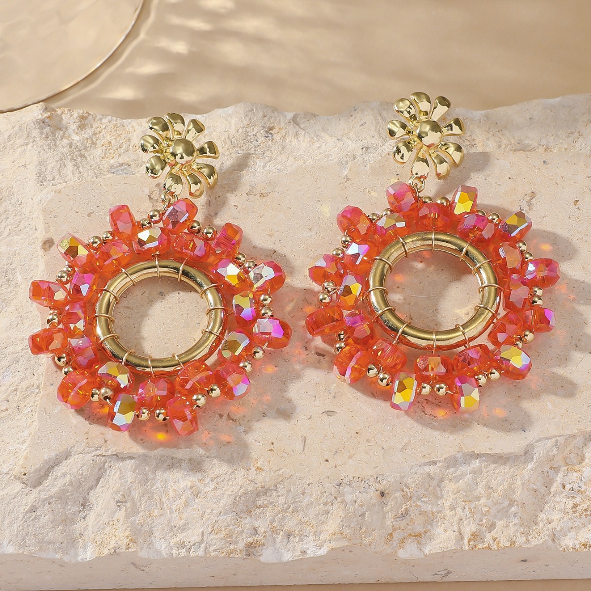 Women's Gender Polished Finish 1 Pair IG Style Flower Beaded Artificial Crystal Drop Earrings