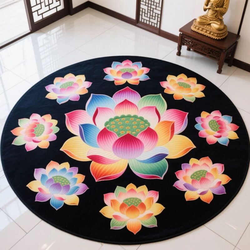 地毯莲花跪拜跪垫圆形立体满铺水晶中式荷花卧室地垫古典客厅家用|undefined