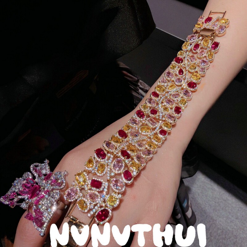 Jewelry: Flower Amber Irregular Rainbow Waterdrop Gemstone Bracelet, High-End Banquet Wear, Multi-Row Colorful Diamond Braided Set, Light Luxury