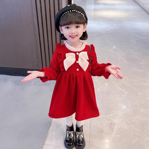 New Sweet Butterfly Bow Fashion Dress for Autumn/Winter, Small Children, Stylish Medium Length Skirt Option