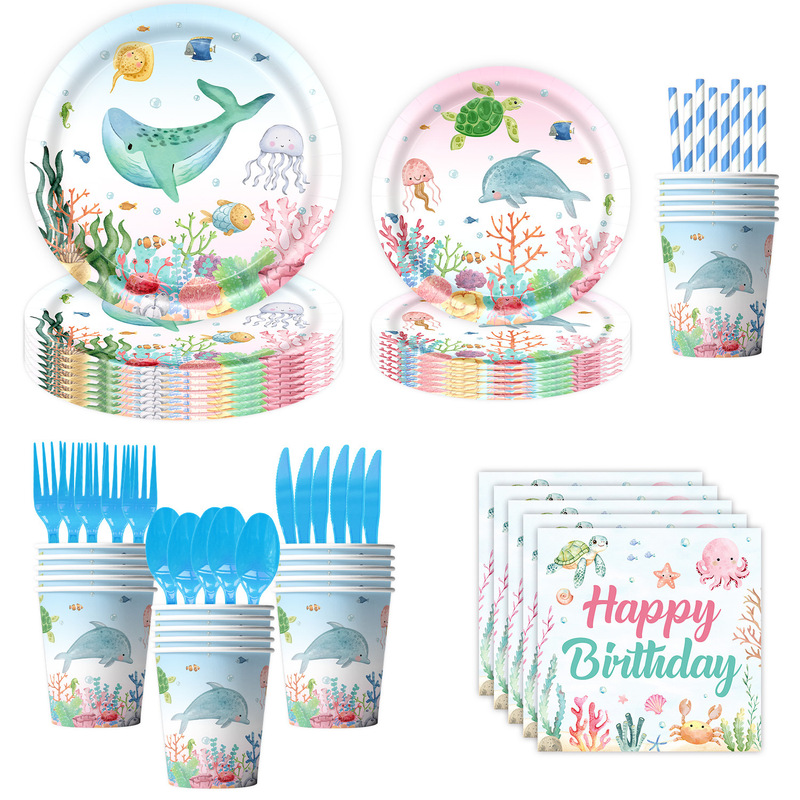 New cross-border ocean animal theme party supplies: tableware, banners, paper plates, paper towels, tablecloths, and atmosphere decoration props