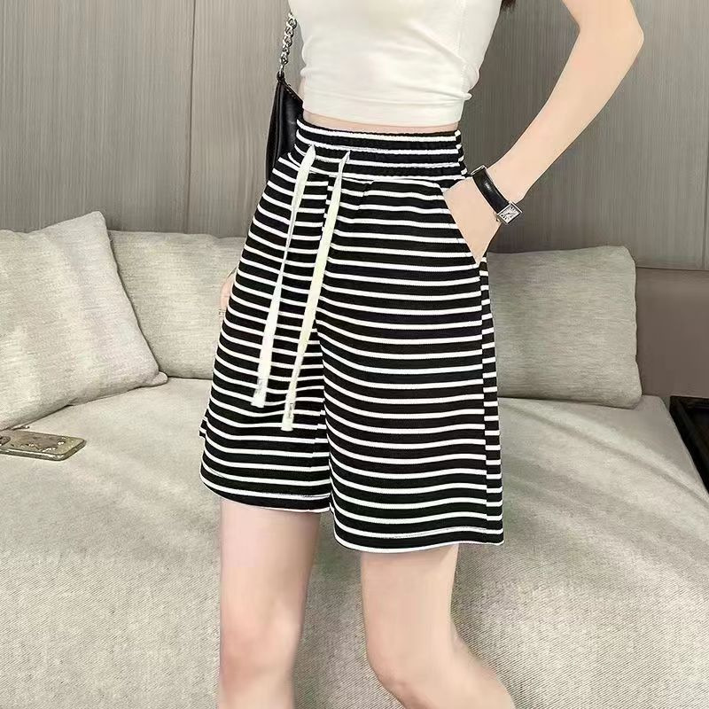 Summer thin striped sports shorts women's high waist loose plus size casual cropped pants straight wide leg pants outer wear Summer thin striped sports shorts women's high waist loose plus size casual cropped pants straight wide leg pants outer wear
