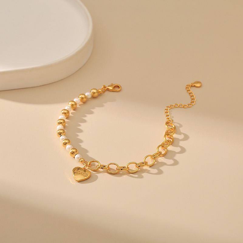 Sweet Letter Heart Shape Copper Beaded Pearl Plating Bracelets 1 Piece