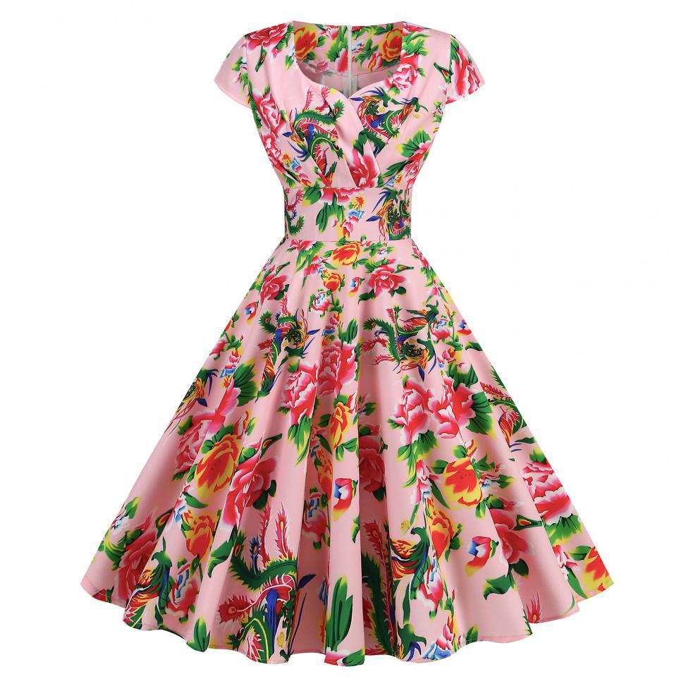 Robe amincissante à imprimé floral rétro et col en V pour femme – Robe d'été élégante mi-longue à manches courtes_voghion.com