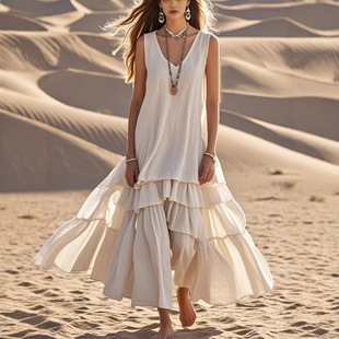 2025 Spring New Amazon Independent Station Cross-Border Cotton and Linen Women's Loose Large Skirt Sleeveless Dress