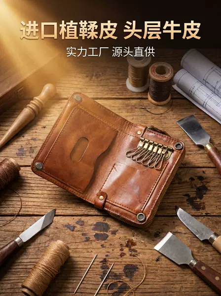New Style Vegetable-Tanned Leather Wallet for Men, Vintage Distressed Washed Japanese-Style Cowhide Multifunctional Three-In-One Card Holder and Key Pouch