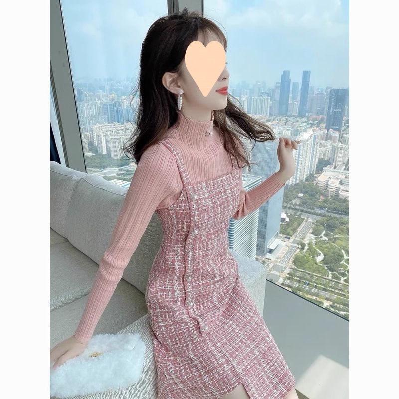粉色小香風套裝2025年新款女秋冬針織長袖背帶裙套裝裙時尚兩件套
