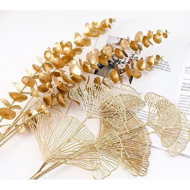 金色系塑料花材婚庆礼堂布置金假花尤加利金钱叶波斯叶仿真花客厅