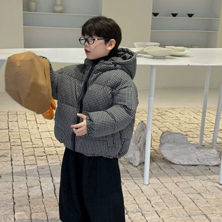 泰如2025冬季新品儿童韩版加厚格子棉服外套男童洋气保暖面包服潮