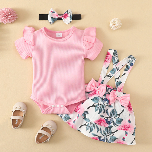 Foreign trade cross-border infants and toddlers pure color triangular haricot long-sleeved onesie with print belt dress headscarf set dress