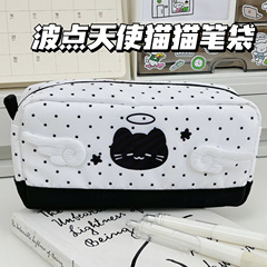 恶魔天使黑色波点猫咪笔袋ins高颜值容量学生文具收纳袋铅笔盒